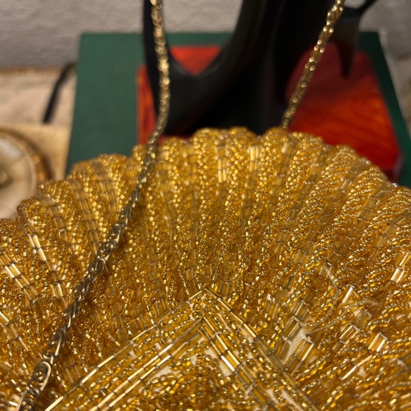 Vintage Gold Beaded HandMade in China Purse Evening Bag Metal Gold Tone Strap - Picture 6 of 9